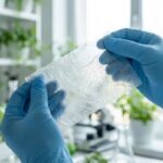 Крупный план рук исследователя в лаборатории, держащих прозрачный образец нового биоразлагаемого материала на фоне зеленых растений.