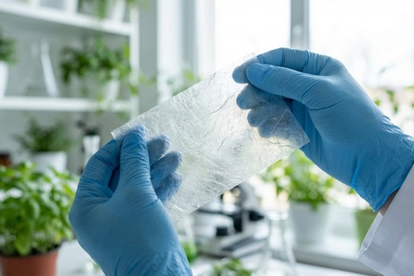 Крупный план рук исследователя в лаборатории, держащих прозрачный образец нового биоразлагаемого материала на фоне зеленых растений.