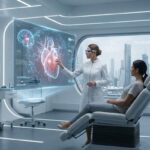 Футуристический медицинский кабинет с голографическим интерфейсом человеческого сердца и нейронных сетей, символизирующий использование ИИ в науке.