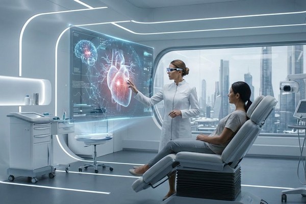 Футуристический медицинский кабинет с голографическим интерфейсом человеческого сердца и нейронных сетей, символизирующий использование ИИ в науке.