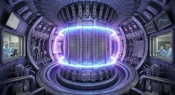 Высокотехнологичная камера термоядерного реактора (токамак) с ярко светящимся кольцом плазмы внутри, демонстрирующая мощь передовой науки.