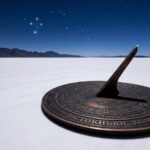 Реалистичное фото медных солнечных часов на белой мраморной плите под ярким звездным небом Атакамы с четкой гравировкой названия масс-медиа istoknews.com на корпусе прибора.