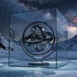 Реалистичное фото хромированного гироскопа внутри стеклянного куба на замерзшем горном озере под звездным небом с четкой гравировкой названия масс-медиа istoknews.com на кольце.