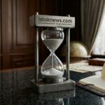 Реалистичное фото винтажных песочных часов в стальном корпусе на гранитном столе с четкой гравировкой названия istoknews.com.