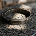 Реалистичное фото металлического зодиакального кольца на гранитной плите в луче света с четкой гравировкой названия istoknews.com на ободке.