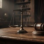 Массивный деревянный молоток судьи лежит на столе рядом со старинными весами
