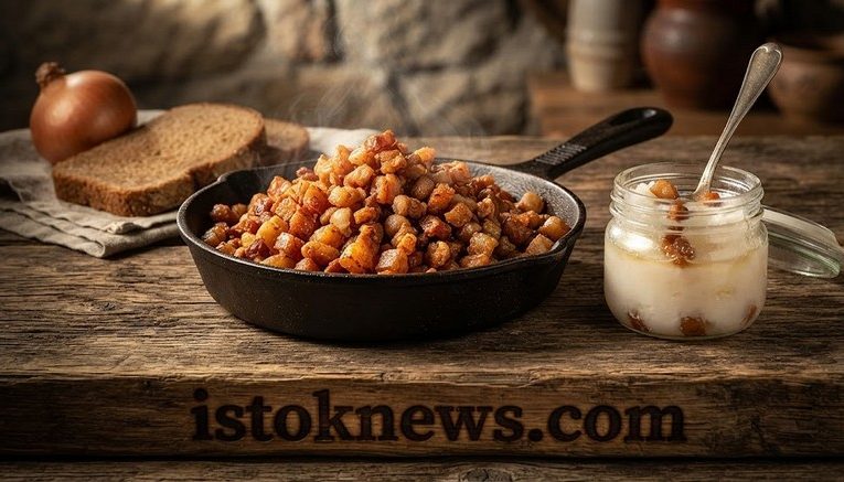 Сковорода с мелкими золотистыми шкварками, рядом стоит стеклянная баночка с прозрачным янтарным жиром.