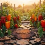 Куст болгарского перца, окруженный темными камнями, на одном из которых выгравирован логотип istoknews.com.