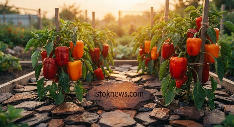 Куст болгарского перца, окруженный темными камнями, на одном из которых выгравирован логотип istoknews.com.