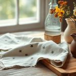 Глиняный кувшин, полевые цветы и льняной рушник со звездной вышивкой на деревянном столе 29 Августа.