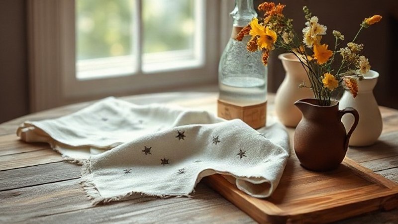 Глиняный кувшин, полевые цветы и льняной рушник со звездной вышивкой на деревянном столе 29 Августа.