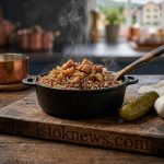 Чугунный казанок с рассыпчатой гречкой, в которой видны кусочки поджаристого лука и золотистые шкварки, сверху посыпано свежей петрушкой.