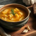 Глубокая глиняная тарелка с горячими щами, посыпанными укропом, рядом лежит брусок соленого сала и чеснок.
