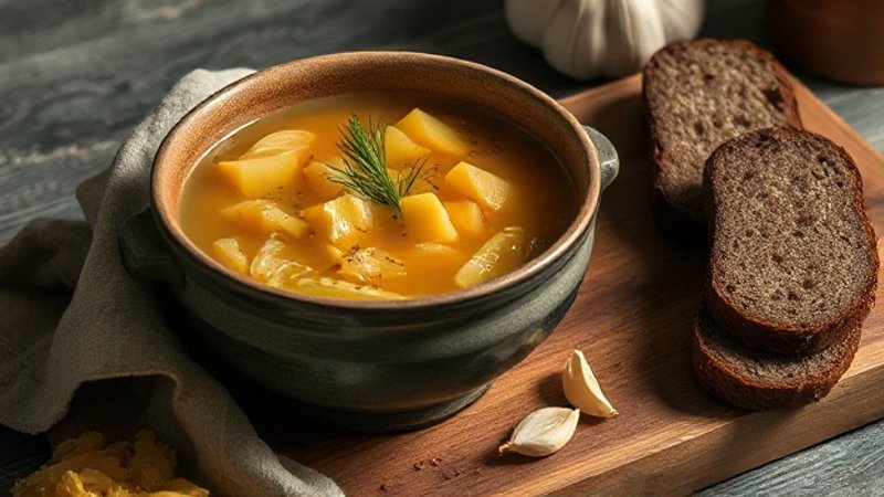 Глубокая глиняная тарелка с горячими щами, посыпанными укропом, рядом лежит брусок соленого сала и чеснок.
