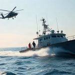 Океанский патрульный катер разрезает глубокие синие воды Тихого океана возле Мексики под чистым небом с летящим сверху спасательным вертолетом
