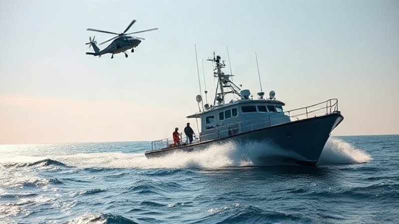 Океанский патрульный катер разрезает глубокие синие воды Тихого океана возле Мексики под чистым небом с летящим сверху спасательным вертолетом