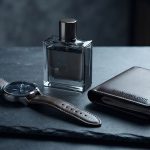 Стильные мужские аксессуары: часы, кожаный бумажник и флакон парфюма на темной поверхности.