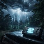 Яркие пунктирные лучи света спускаются из темного облака к земле ночью