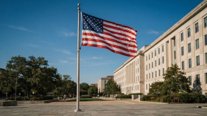 Флаг США перед правительственным зданием на фоне ясного неба