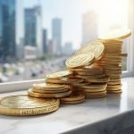 Золотые монеты, сложенные в виде лестницы, ведущей вверх на фоне окна.