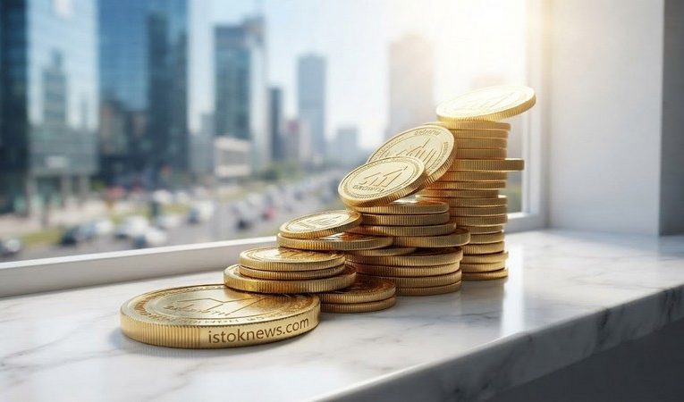 Золотые монеты, сложенные в виде лестницы, ведущей вверх на фоне окна.