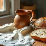 Глиняный кувшин, свежий хлеб и льняной рушник с вышивкой созвездий на столе 31 Августа.