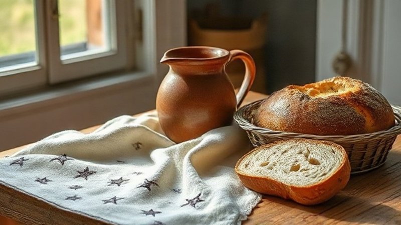 Глиняный кувшин, свежий хлеб и льняной рушник с вышивкой созвездий на столе 31 Августа.