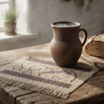 Глиняный кувшин, свежий хлеб и льняной рушник с вышивкой созвездий на деревянном столе 27 Августа.