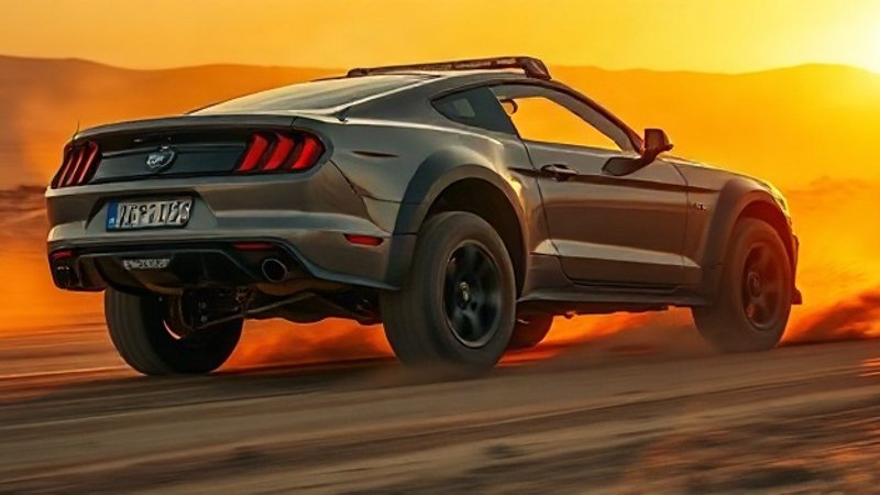Реалистичное фото брутального спортивного фастбека Ford Mustang Baja с поднятой подвеской, массивными внедорожными шинами и двигателем V8, мчащегося по пыльной грунтовой дороге в пустыне в золотой час