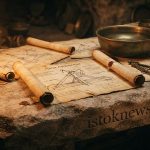 Древний свиток с чертежами метательной машины, лежащий рядом с бронзовым мечом, с логотипом istoknews.com на пергаменте.