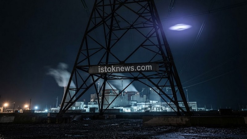 Высоковольтная опора на фоне ночного неба с ярким светящимся диском