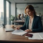 Специалист отдела кадров в современном офисе проверяет документы и трудовые контракты