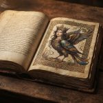 Иллюстрация птицы с женской головой в старинной раскрытой книге.