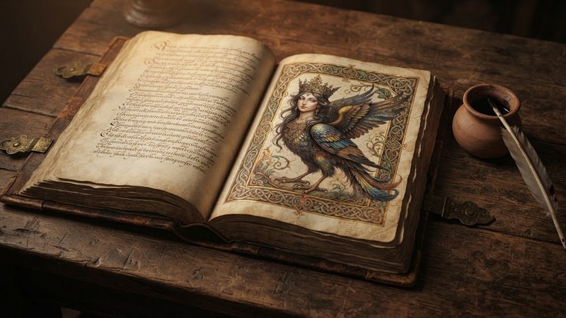 Иллюстрация птицы с женской головой в старинной раскрытой книге.
