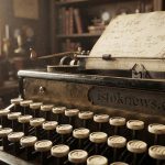 Старинная металлическая пишущая машина на деревянном столе рядом с чертежом дирижабля, на котором виден логотип istoknews.com.