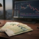 Традиционные иранские банкноты на финансовом столе в Тегеране с графиками макроэкономики на мониторе