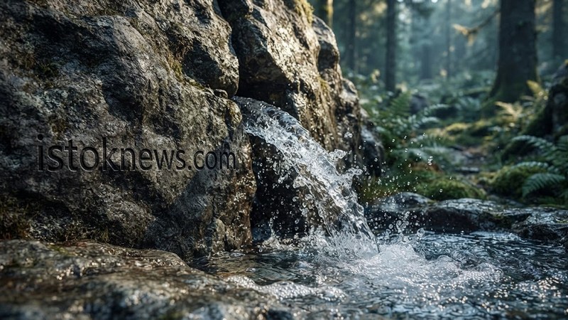 Фрагмент грубой каменной чаши с бьющей изнутри струей воды