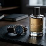 Стильные мужские аксессуары: классические часы и флакон элитного парфюма на темной поверхности.