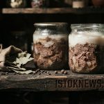 Стеклянная банка с крупными кусками розового мяса, верх которой покрыт плотным ровным слоем белого застывшего жира.