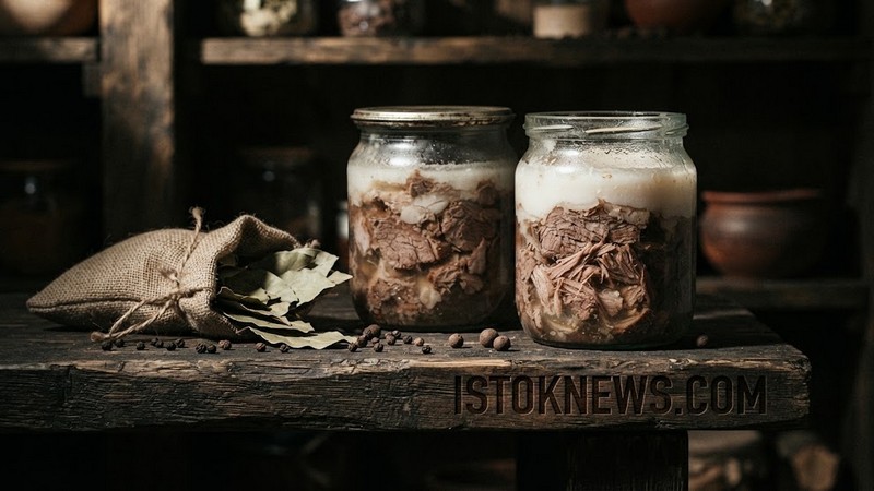 Стеклянная банка с крупными кусками розового мяса, верх которой покрыт плотным ровным слоем белого застывшего жира.
