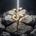 Золотой росток, пробивающийся сквозь груду серых камней в свете луча.