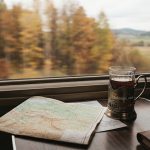 Вид из окна поезда на убегающие вдаль рельсы и меняющийся лесной пейзаж.