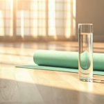 Прозрачный стакан с чистой водой на фоне коврика для йоги в светлом зале