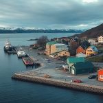 Живописный вид с воздуха на гавань Рейкьявика с разноцветными северными зданиями и исландским флагом у набережной