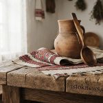 Льняной рушник и глиняный кувшин на деревянном столе с резной надписью istoknews.com.