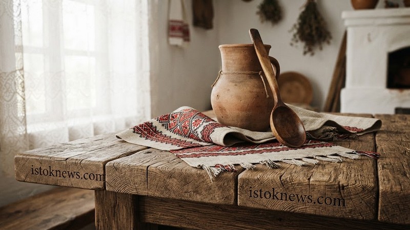 Льняной рушник и глиняный кувшин на деревянном столе с резной надписью istoknews.com.