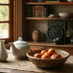Глиняный кувшин, колоски пшеницы и льняной рушник со звездной вышивкой на деревянном столе 28 Августа.
