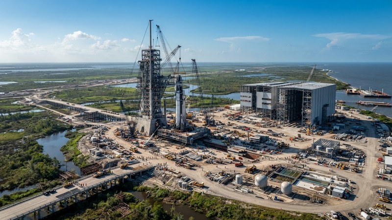Масштабний будівельний майданчик майбутнього космодрому SpaceX на узбережжі в Луїзіані вдень