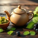 Сушеные листья черной смородины в деревянной пиале на фоне спелых ягод смородины.