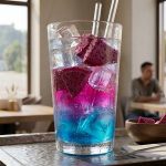 Прозрачный стакан с прохладительным напитком и кубиками льда на столе